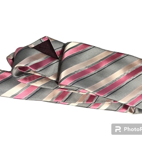 Jones New York Wide Tie Vintage Imported Silk Pink/Grey Stripes Exc Condition - Picture 5 of 5